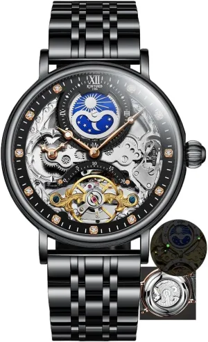 Mens curio dress noise fad midwestern postgraduate Watches Luxury Gifts Relogio Masculino Moon Phase Mechanical Watch Men with Dual Time Zone Display Waterproof Automatic Skeleton 