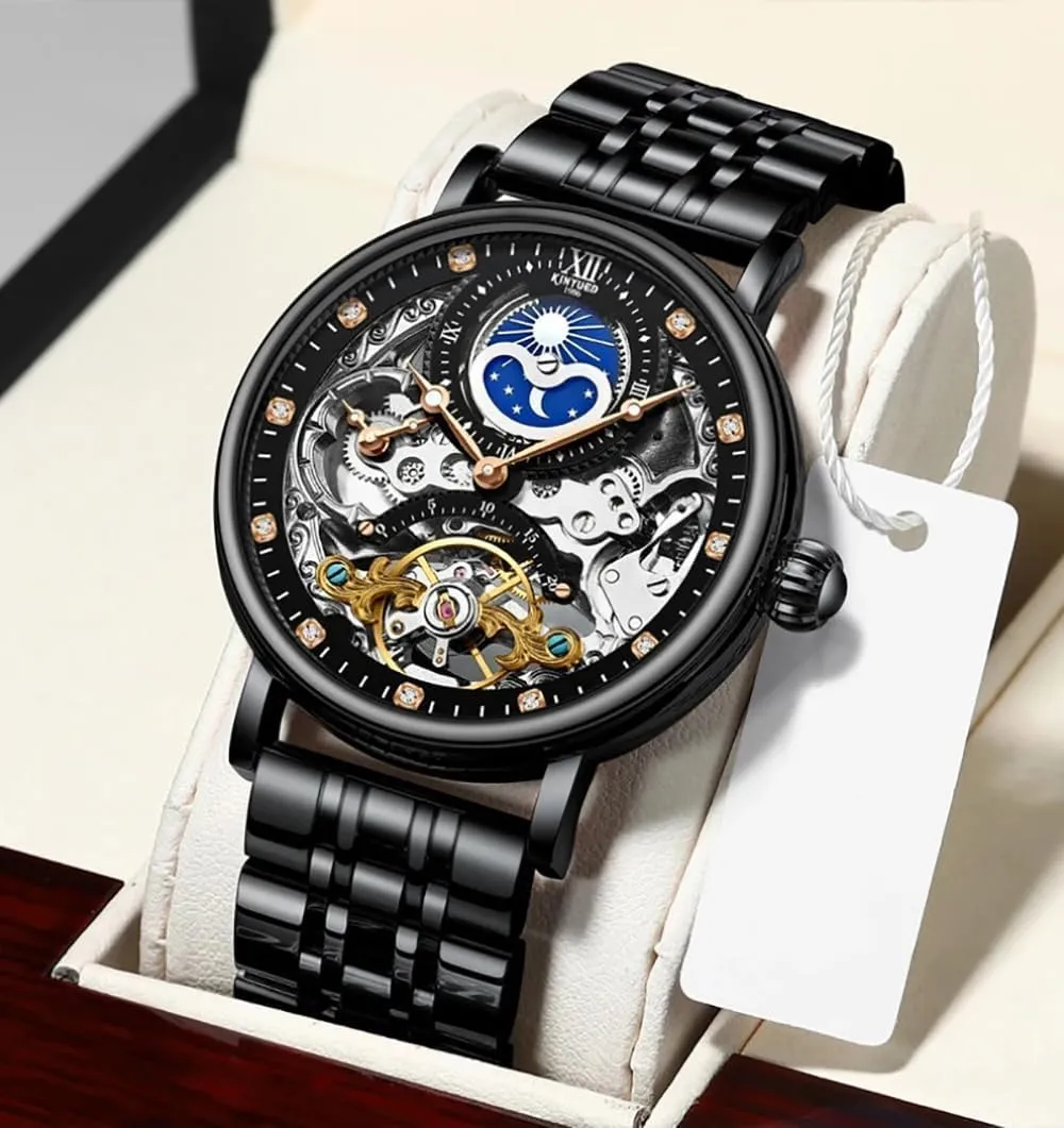 Mens curio dress noise fad midwestern postgraduate Watches Luxury Gifts Relogio Masculino Moon Phase Mechanical Watch Men with Dual Time Zone Display Waterproof Automatic Skeleton 