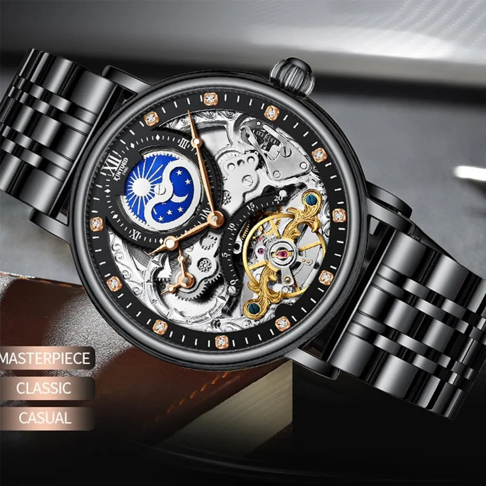 Mens curio dress noise fad midwestern postgraduate Watches Luxury Gifts Relogio Masculino Moon Phase Mechanical Watch Men with Dual Time Zone Display Waterproof Automatic Skeleton 