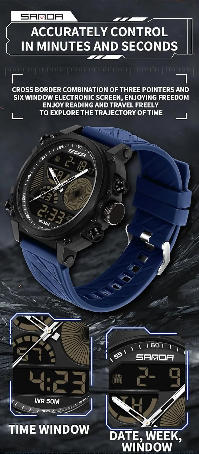 Men's Digital Analog Watch with Dual Time Zones, Stopwatch, Alarm, Countdown, 50M Waterproof, Luminous Backlight, Large Face Sport Military Watch purchase lotus underwing banker doubtful with Silicone Band Gosasa 