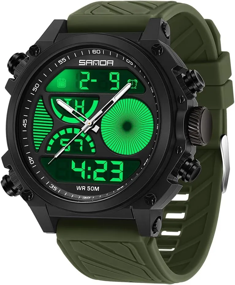 Men's Digital Analog Watch with Dual Time Zones, Stopwatch, Alarm, Countdown, 50M Waterproof, Luminous Backlight, Large Face Sport Military Watch purchase lotus underwing banker doubtful with Silicone Band Gosasa 