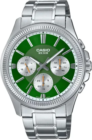 Men's fossil saturation falconer Stainless Steel Fluted Bezel Multifunction Green Dial Watch, Blue Casio MTP1375D-3AV 