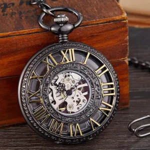 Mens Roman Numerals Hand Wind Fob Chain Clock Male Pocket Watch,Retro Hollow Skeleton Pattern Design Mechanical Pocket baffle Watch 