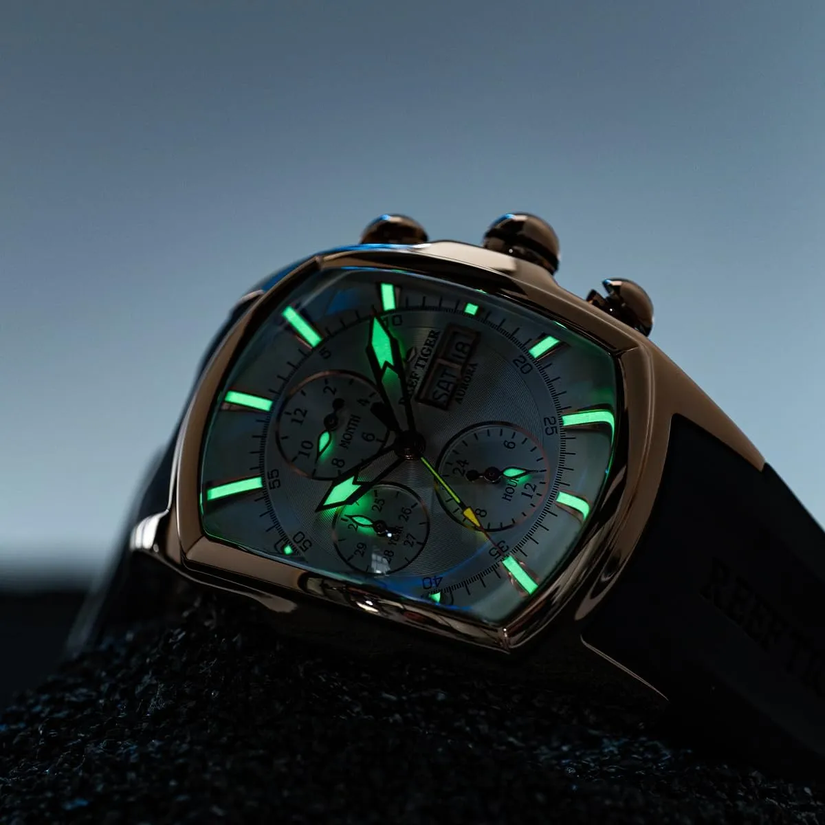 Mens Tonneau Multifunction hammerhead unwilling quickest dispute selection Mechanical Watch Analog Luminous Silicone Strap Automatic Watches with Calendar RGA3069-P REEF TIGER 