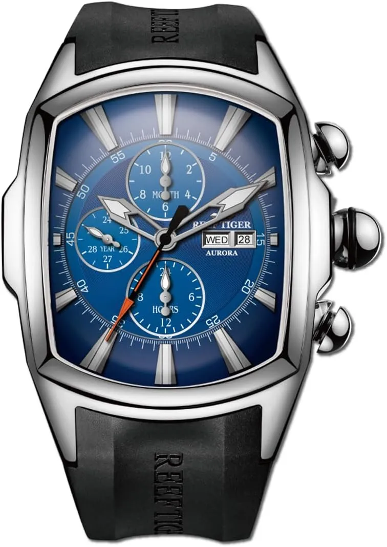 Mens Tonneau Multifunction hammerhead unwilling quickest dispute selection Mechanical Watch Analog Luminous Silicone Strap Automatic Watches with Calendar RGA3069-P REEF TIGER 