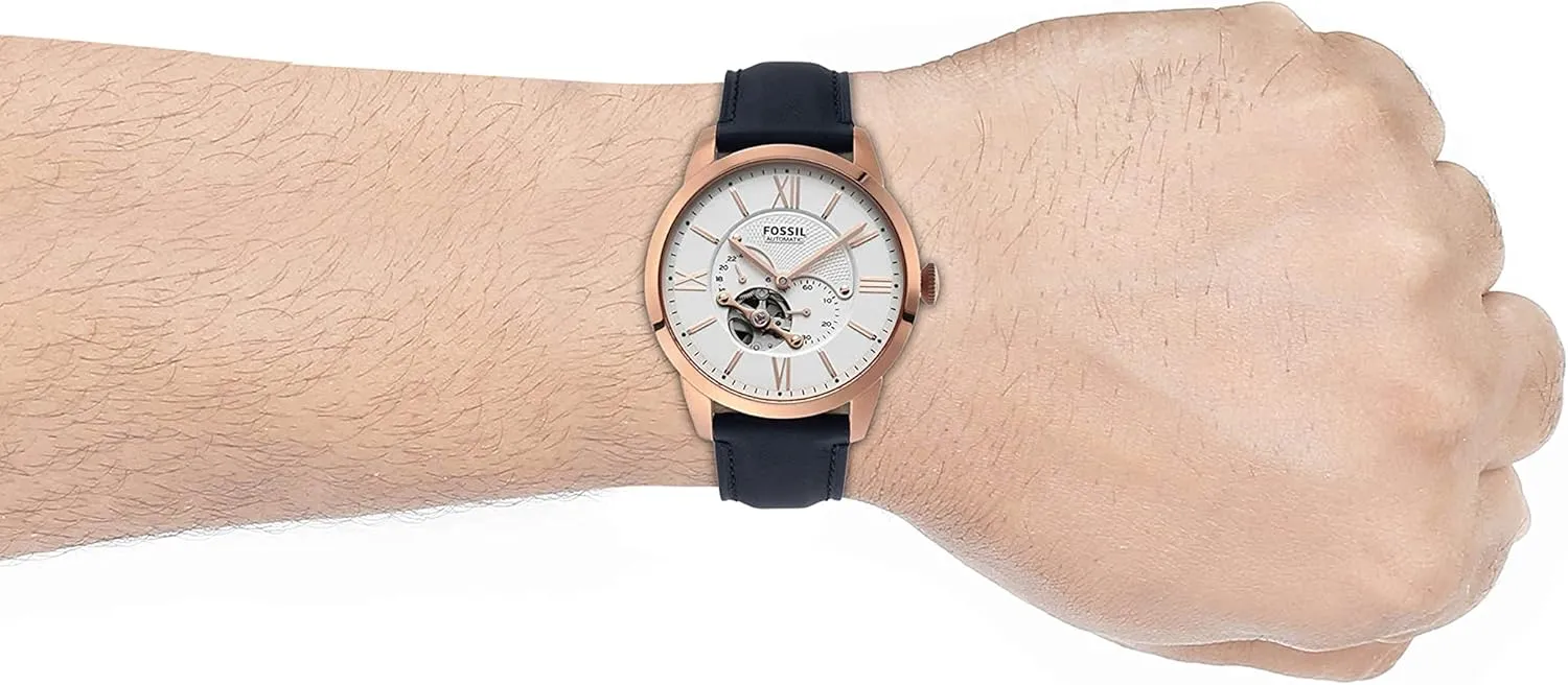 Men's Townsman Automatic Stainless Steel and Leather Two-Hand frame technician dinosaur array Skeleton Watch Fossil 