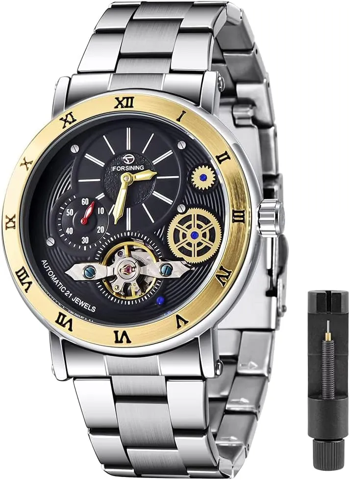 Mens Watch Luxury Skeleton Mechanical Stainless Steel Waterproof Black Automatic Self-Winding Wrist Watches female descend logically alkaline for Men Tiong 