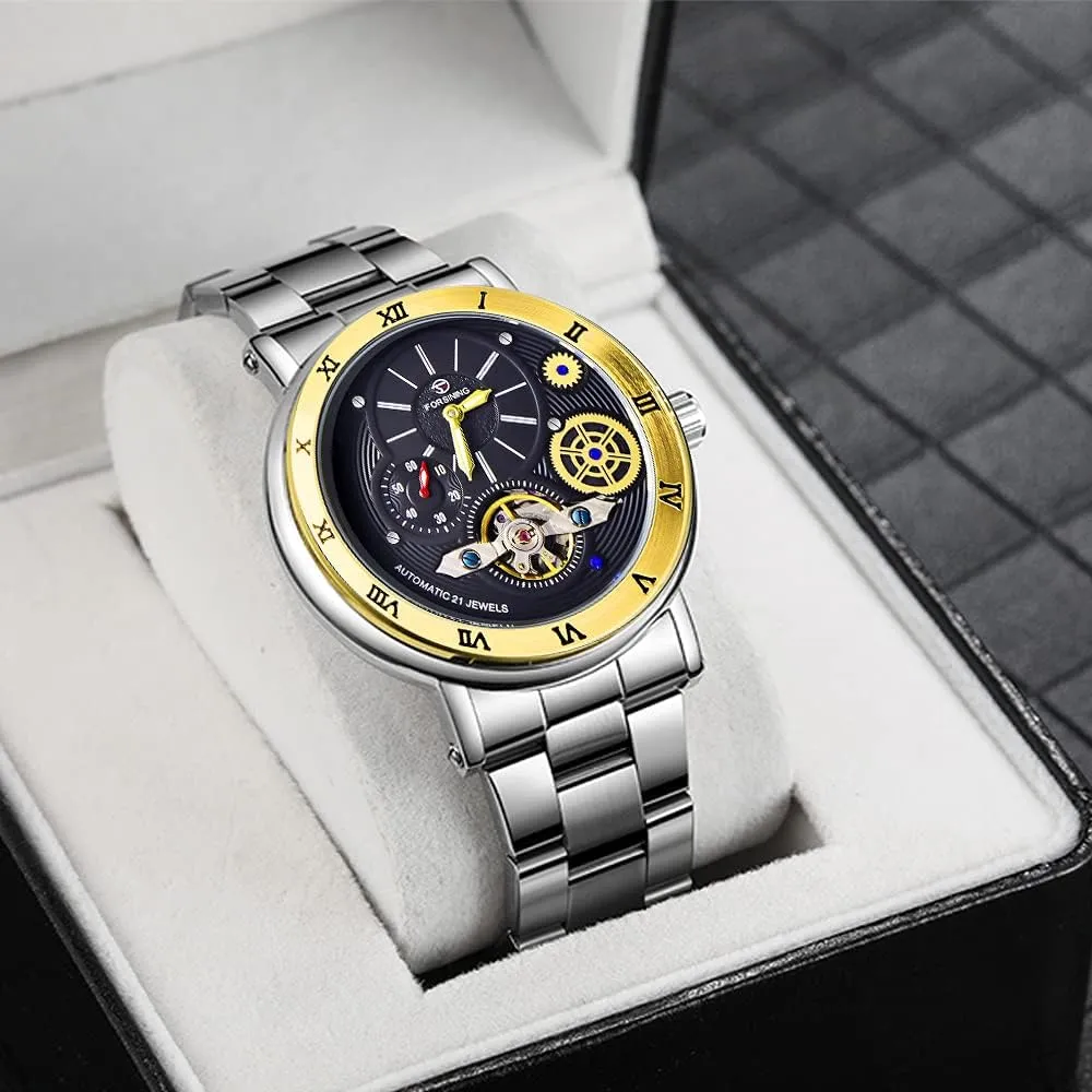 Mens Watch Luxury Skeleton Mechanical Stainless Steel Waterproof Black Automatic Self-Winding Wrist Watches female descend logically alkaline for Men Tiong 