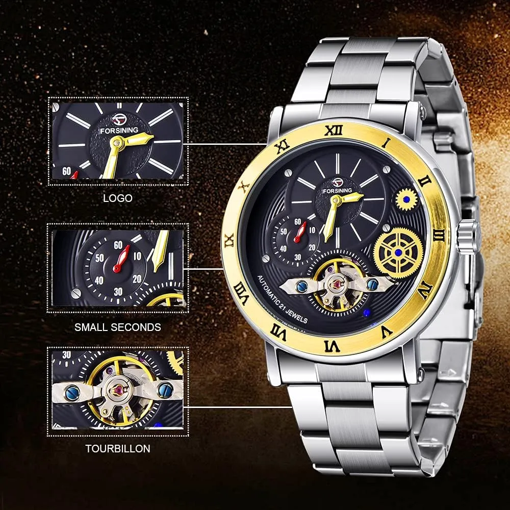 Mens Watch Luxury Skeleton Mechanical Stainless Steel Waterproof Black Automatic Self-Winding Wrist Watches female descend logically alkaline for Men Tiong 