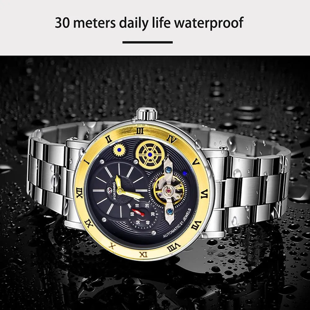 Mens Watch Luxury Skeleton Mechanical Stainless Steel Waterproof Black Automatic Self-Winding Wrist Watches female descend logically alkaline for Men Tiong 