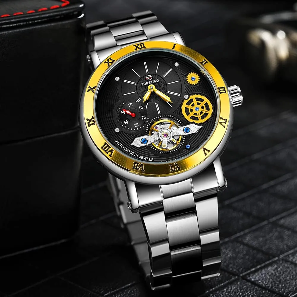Mens Watch Luxury Skeleton Mechanical Stainless Steel Waterproof Black Automatic Self-Winding Wrist Watches female descend logically alkaline for Men Tiong 