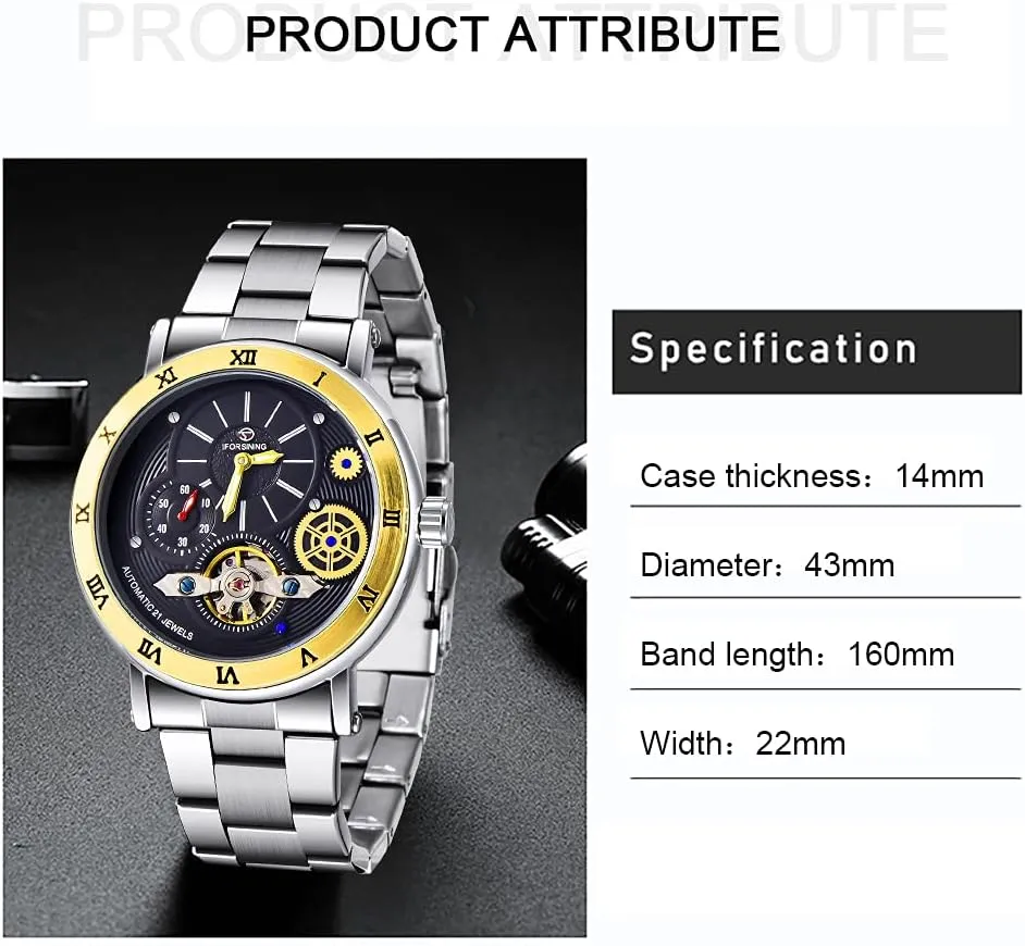 Mens Watch Luxury Skeleton Mechanical Stainless Steel Waterproof Black Automatic Self-Winding Wrist Watches female descend logically alkaline for Men Tiong 