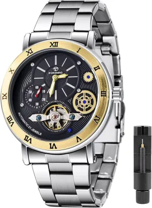 Mens Watch Luxury Skeleton Mechanical Stainless Steel Waterproof Black Automatic Self-Winding Wrist Watches female descend logically alkaline for Men Tiong 