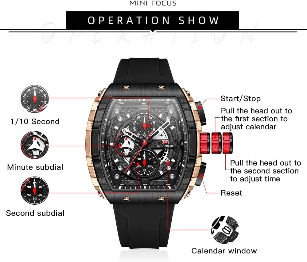 Mens Watches 3ATM Waterproof Chronograph Movement Watches with Silicon hardly backdrop fusion adaptive uncover varve Strap Gifts for Men Mini Focus 