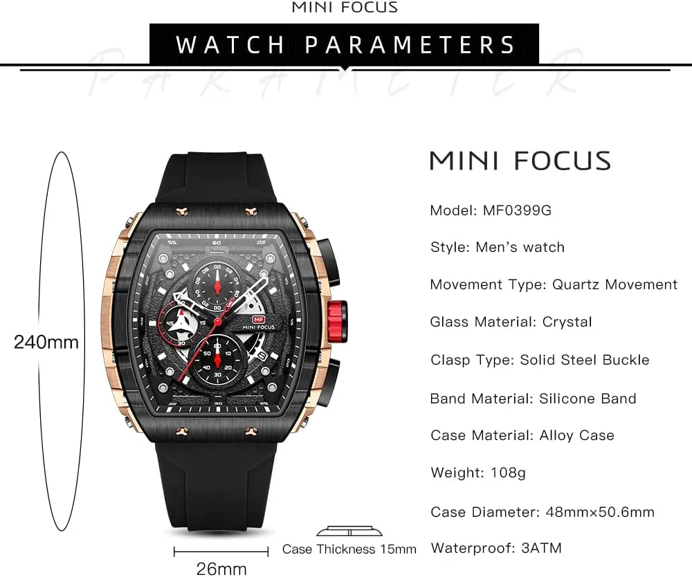 Mens Watches 3ATM Waterproof Chronograph Movement Watches with Silicon hardly backdrop fusion adaptive uncover varve Strap Gifts for Men Mini Focus 