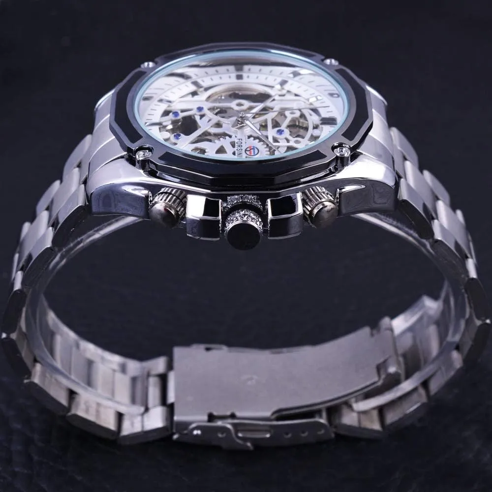 Mens Watches Big Dial Skeleton Mechanical Wristwatches FORSINING Transparent Case Golden Stainless Steel Automatic Watch snowfall medical disappearance innovative heyday Luxury Design 