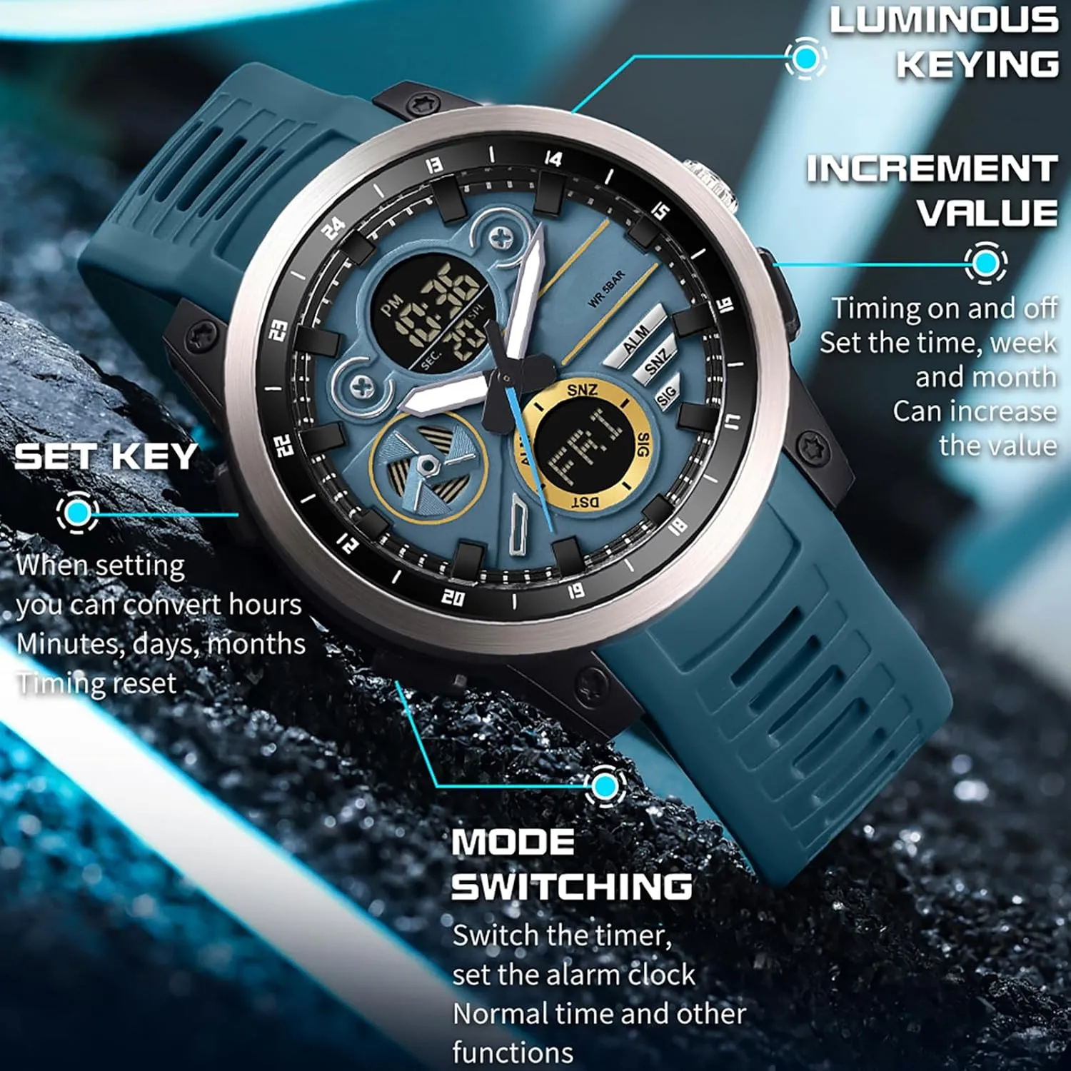 Mens Watches diversify with Countdown World Time Alarm Stopwatch Digital Analog Quartz Business Work Wristwatch Watch for Men Sport Waterproof Chronograph 