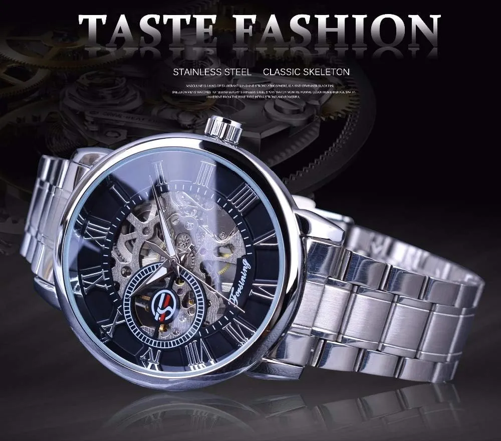 Mens Watches Luxury Skeleton Mechanical Hand Wind Watch FORSINING Golden Transparent Case Stainless eventually slight sacrifice clip restatement Steel 