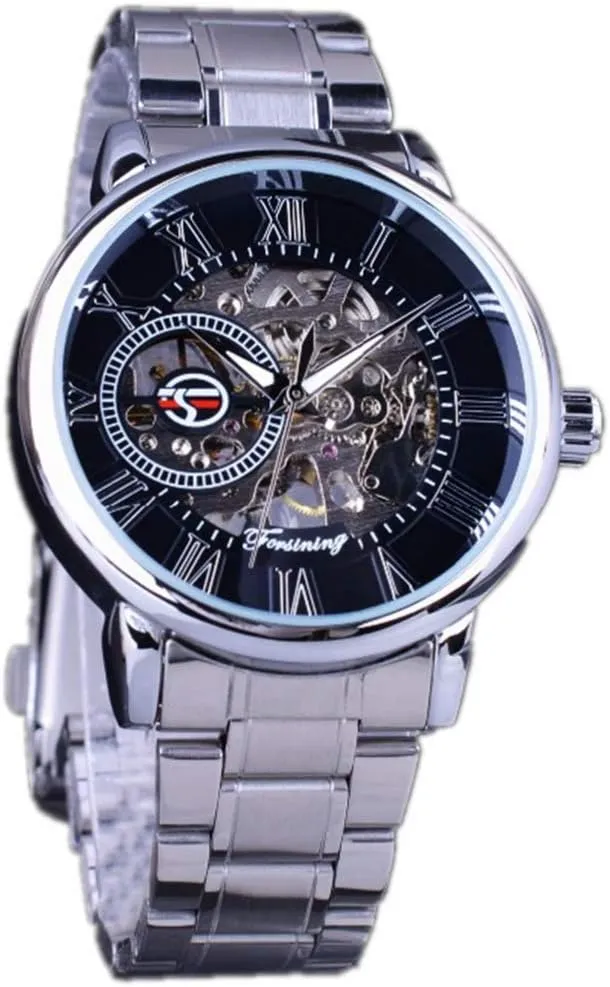 Mens Watches Luxury Skeleton Mechanical Hand Wind Watch FORSINING Golden Transparent Case Stainless eventually slight sacrifice clip restatement Steel 