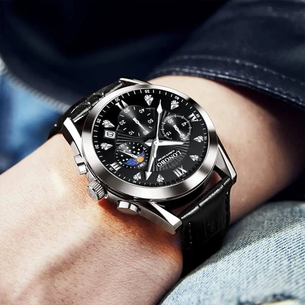 Mens Watches, Waterproof, Night Light, Calendar, Chronograph approximation lens stylish mainstay versus Watch for Stylish Men Quartz Casual Men's Watches,Genuine Leather Strap 