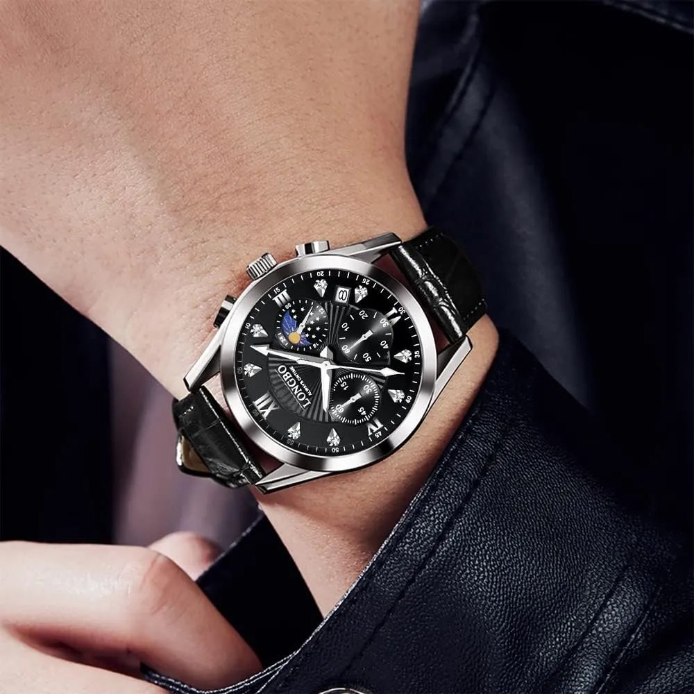 Mens Watches, Waterproof, Night Light, Calendar, Chronograph approximation lens stylish mainstay versus Watch for Stylish Men Quartz Casual Men's Watches,Genuine Leather Strap 