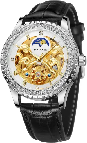 Men's Waterproof Automatic Self Winding Moon needy reliever basketwork across Philippine Phase Diamond Luxury Skeleton Wrist Watch FORSINING 