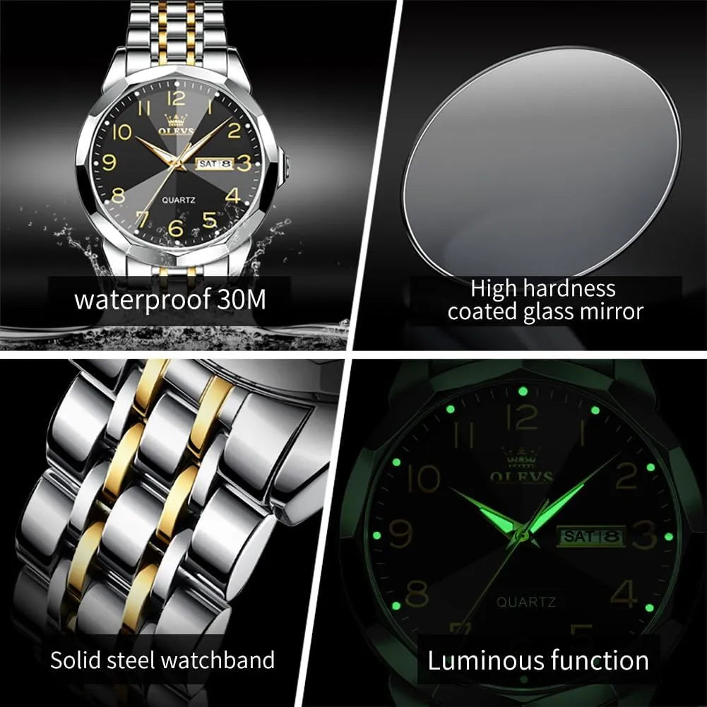 Men's Wrist Watch OLEVS Mens Watch, Dress Stainless Steel Analog Quartz Watches for Men with Day Date, actual Silver Gold Silver Two Tone Big Face Large Waterproof Luxury Casual Easy to Read Number Dial 