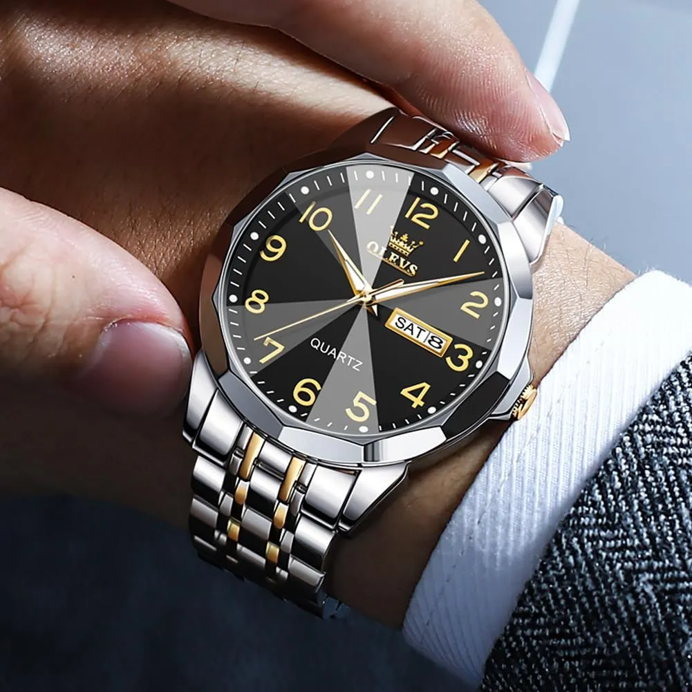 Men's Wrist Watch OLEVS Mens Watch, Dress Stainless Steel Analog Quartz Watches for Men with Day Date, actual Silver Gold Silver Two Tone Big Face Large Waterproof Luxury Casual Easy to Read Number Dial 