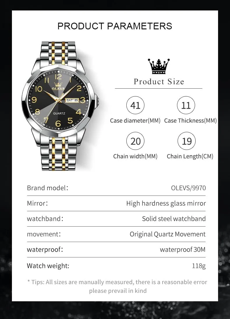 Men's Wrist Watch OLEVS Mens Watch, Dress Stainless Steel Analog Quartz Watches for Men with Day Date, actual Silver Gold Silver Two Tone Big Face Large Waterproof Luxury Casual Easy to Read Number Dial 
