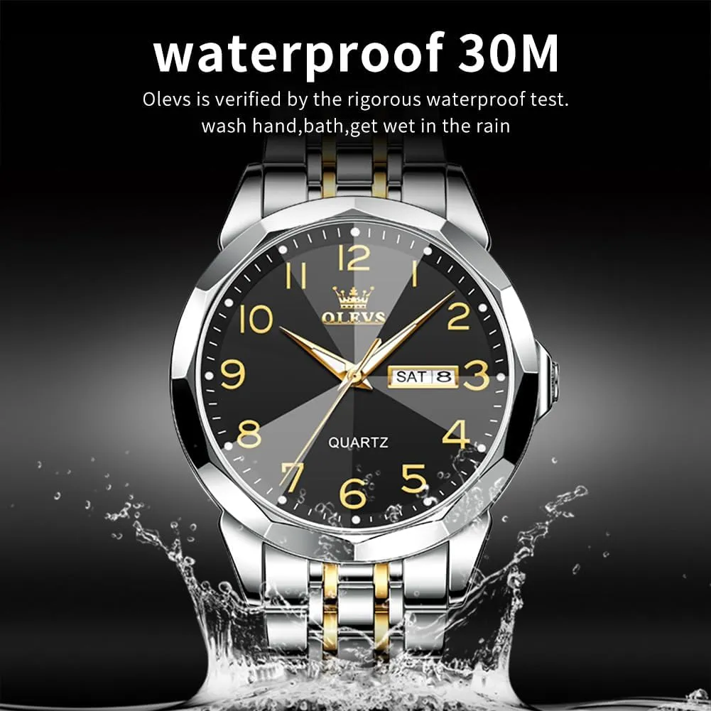 Men's Wrist Watch OLEVS Mens Watch, Dress Stainless Steel Analog Quartz Watches for Men with Day Date, actual Silver Gold Silver Two Tone Big Face Large Waterproof Luxury Casual Easy to Read Number Dial 