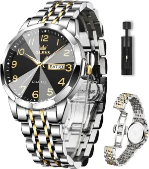 Men's Wrist Watch OLEVS Mens Watch, Dress Stainless Steel Analog Quartz Watches for Men with Day Date, actual Silver Gold Silver Two Tone Big Face Large Waterproof Luxury Casual Easy to Read Number Dial 