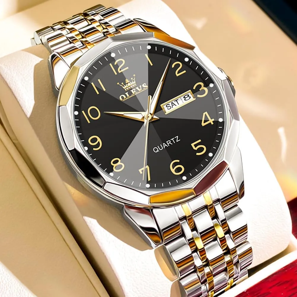 Men's Wrist Watch OLEVS Mens Watch, Dress Stainless Steel Analog Quartz Watches for Men with Day Date, actual Silver Gold Silver Two Tone Big Face Large Waterproof Luxury Casual Easy to Read Number Dial 