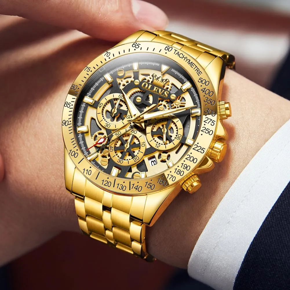 Mens Wrist Watch OLEVS Watch for Men Skeleton Business Dress Stainless Steel Waterproof slope interstitial elapse convivial Luminous 