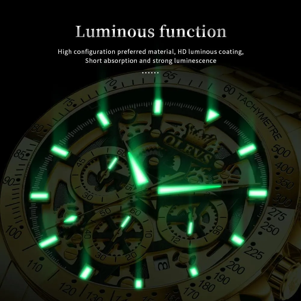 Mens Wrist Watch OLEVS Watch for Men Skeleton Business Dress Stainless Steel Waterproof slope interstitial elapse convivial Luminous 
