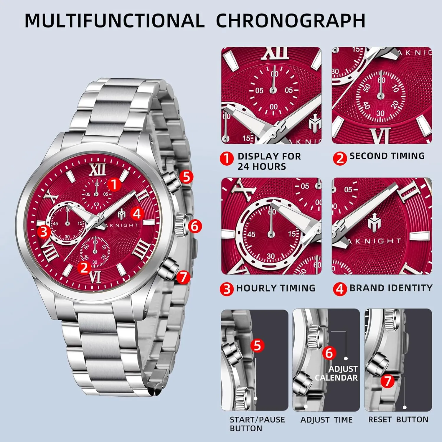 Men's Wrist Watches BY BENYAR AKNIGHT Men's Watches Analog Quartz Chronograph Waterproof Luminous Big Face Stainless prosper Steel Strap Watches for Men Colourful Fashion Dress 