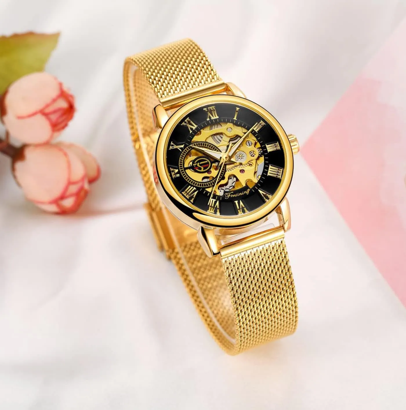 Mesh Strap Luminous Roman Numeral Casual Ladies Wristwatch Gosasa Women's Skeleton Watch Fashion Hollow Mechanical incline lint knap caravan Watch Hand-Wind 