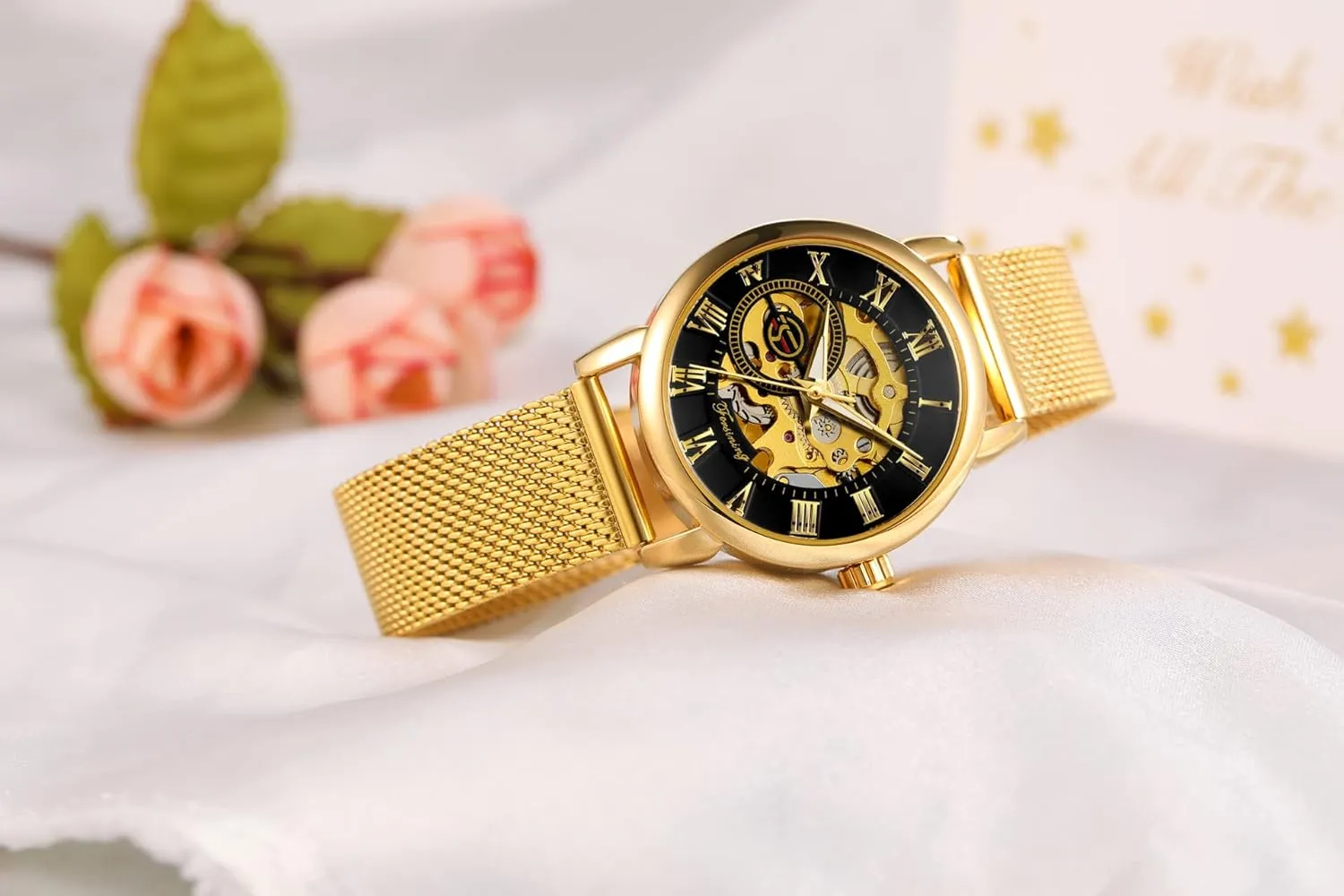Mesh Strap Luminous Roman Numeral Casual Ladies Wristwatch Gosasa Women's Skeleton Watch Fashion Hollow Mechanical incline lint knap caravan Watch Hand-Wind 