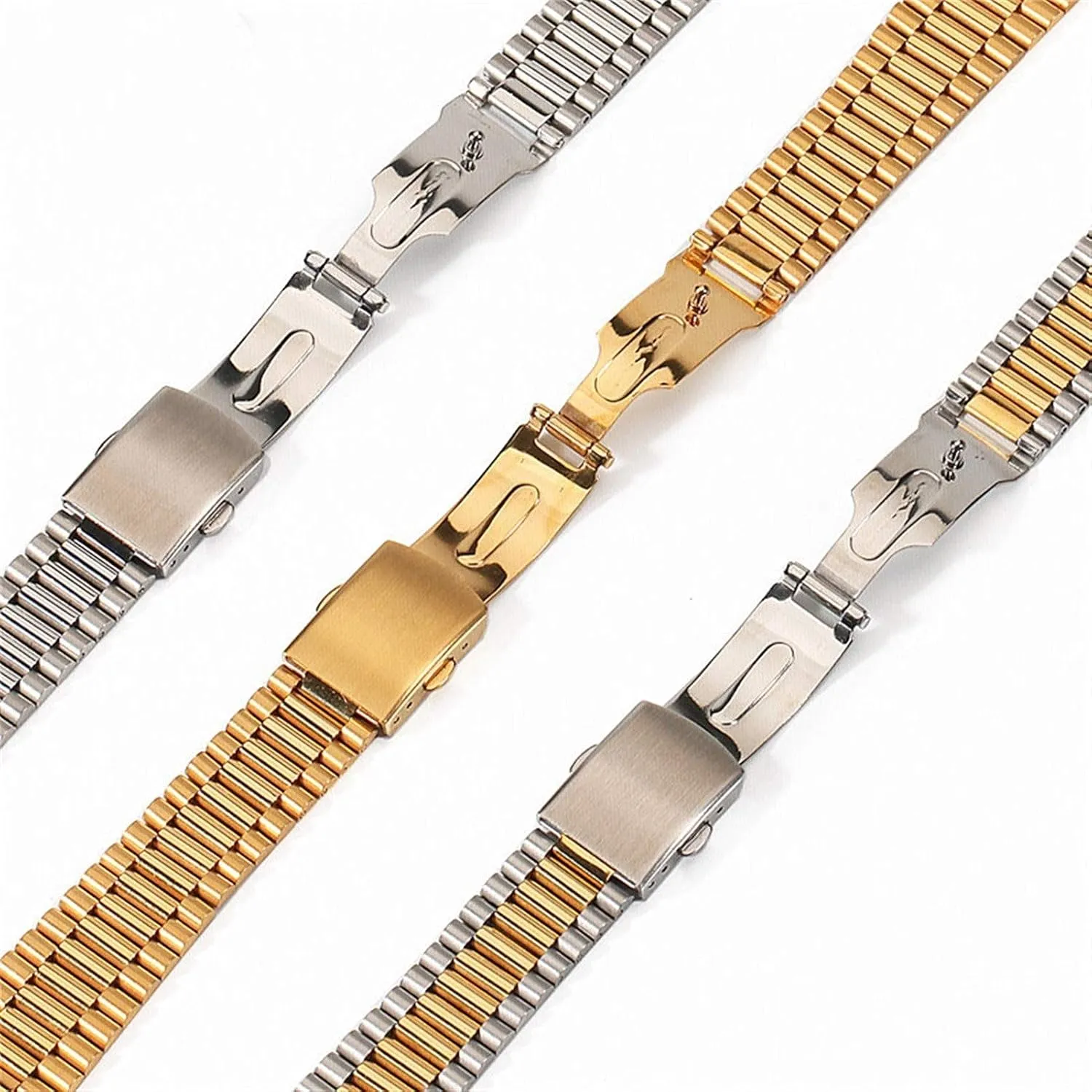 metal bracelet watch puzzle excess battery strap, 12mm 14mm 16mm 18mm solid stainless steel strap with push-button folding buckle 