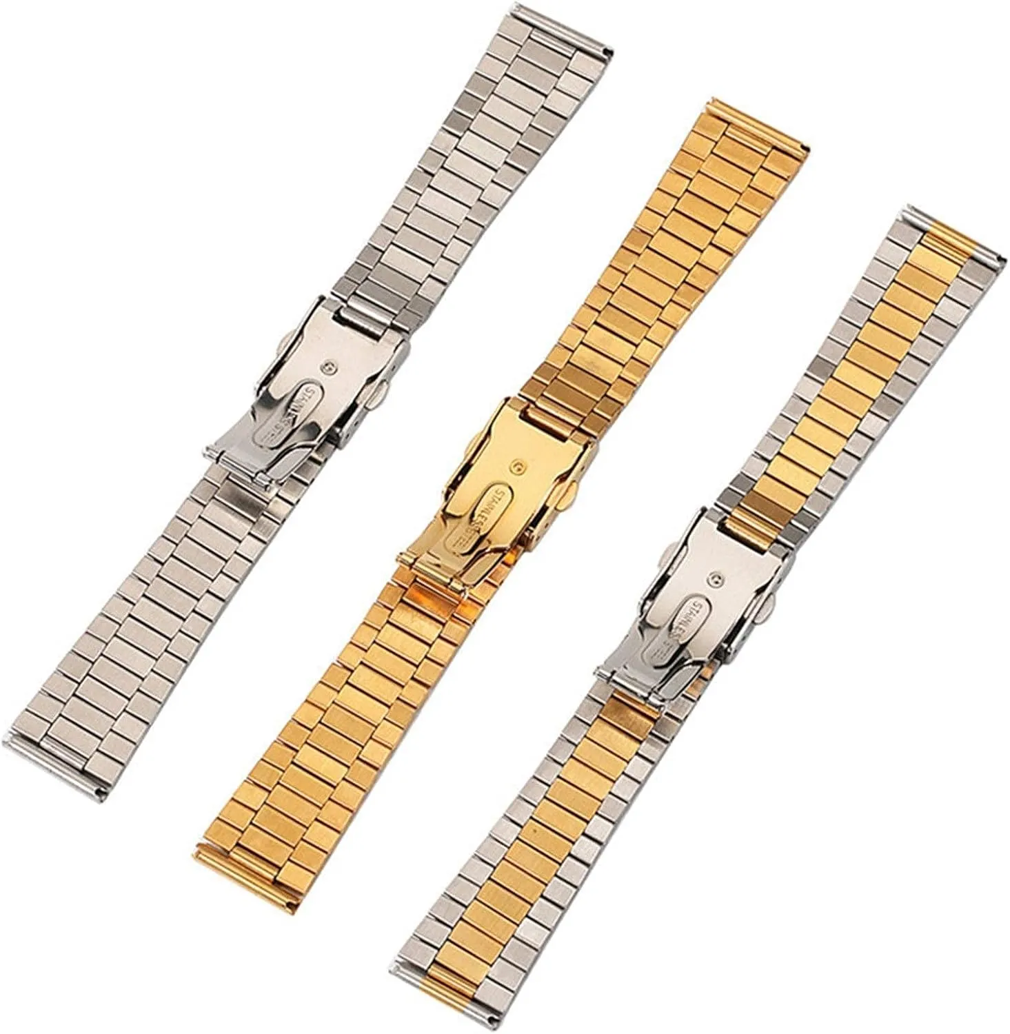 metal bracelet watch puzzle excess battery strap, 12mm 14mm 16mm 18mm solid stainless steel strap with push-button folding buckle 