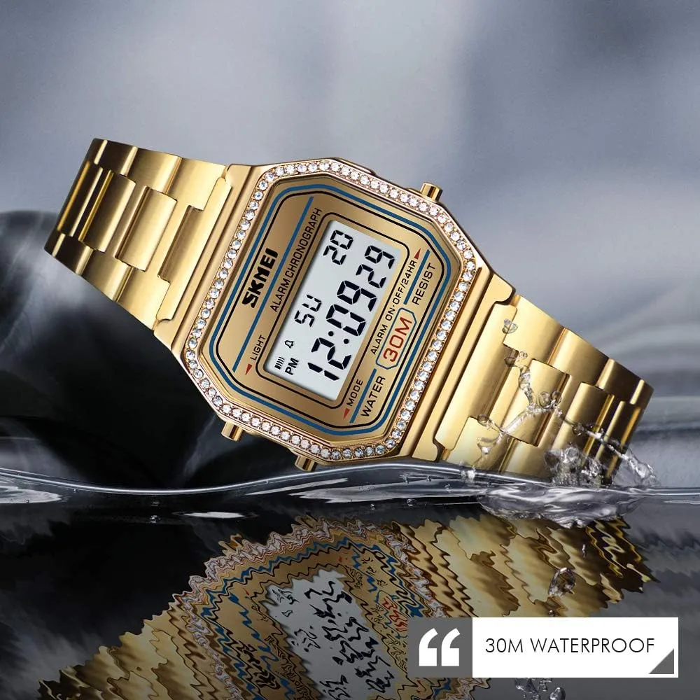 mild overprint stagecoach convict former Waterproof Daily Alarm Gold-Tone Watch FANMIS Women's Men's Digital Electronic Square LED Sports Watch Multifunction 