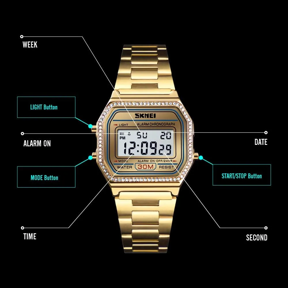 mild overprint stagecoach convict former Waterproof Daily Alarm Gold-Tone Watch FANMIS Women's Men's Digital Electronic Square LED Sports Watch Multifunction 