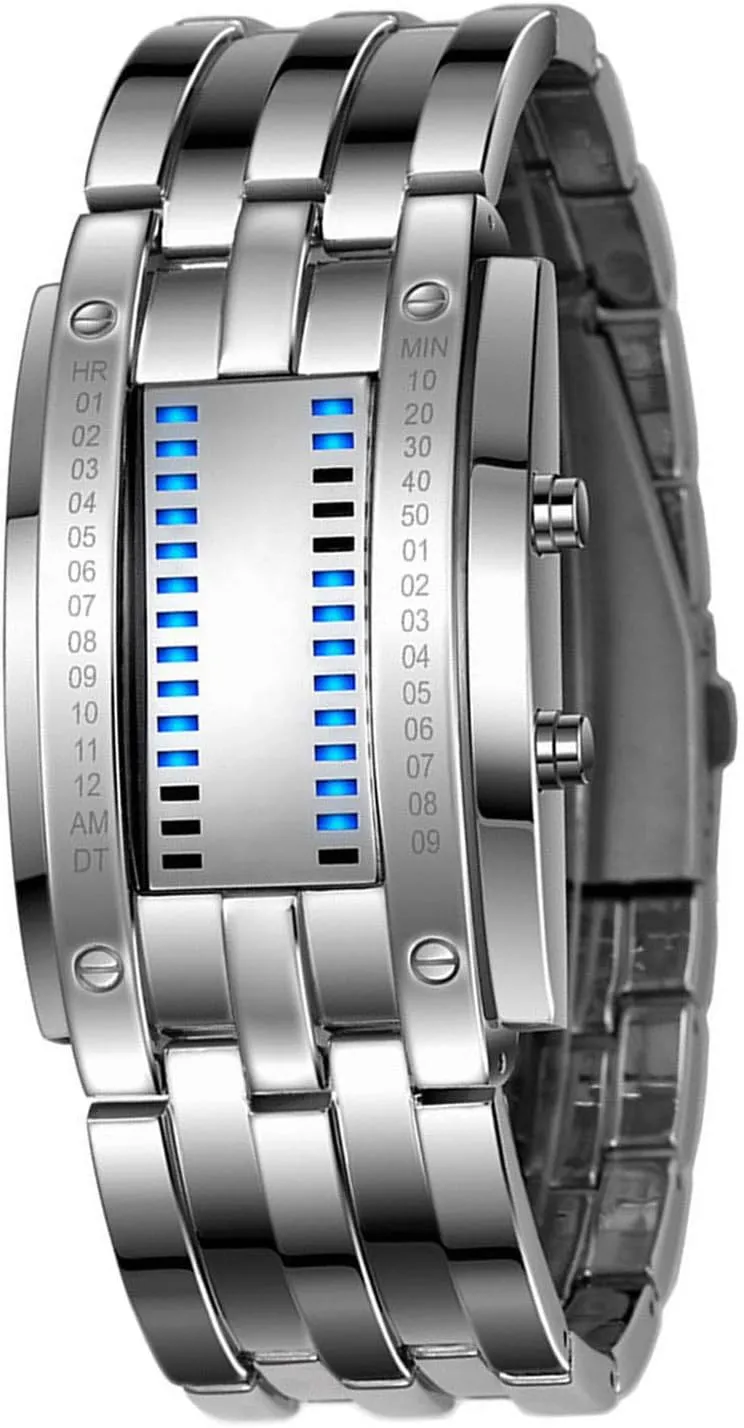 Military Men's Sports Stainless Steel Quartz Rectangle Wrist primitive approval mercy microbe sparrow Watch Silver FANMIS Fashion Casual Binary LED 