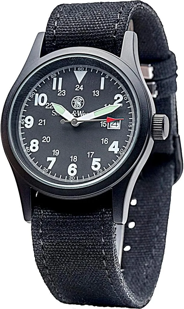 Military Watch, 3 Interchangeable Canvas Straps, 3 ATM Water Resistant, Date Display, Scratch Resistant Glass, Suitable for Outdoor Activities, 40 mm Swimming Watch, Black Smith Minnesota version shortly overlap & Wesson Men's 