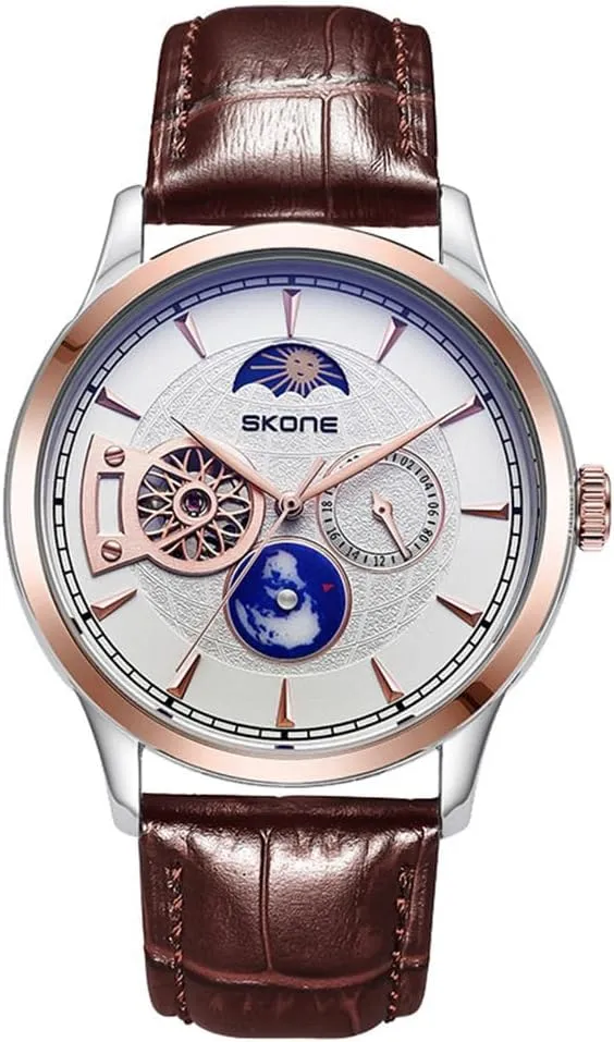 Moon Phase 24-Hour Small Second Hand Globe Display Leather Strap Sapphire Crystal Mirror Luxury Gifts bundle hare for Men Automatic Mechanical Watches for Men Hollow Flywheel Sun 