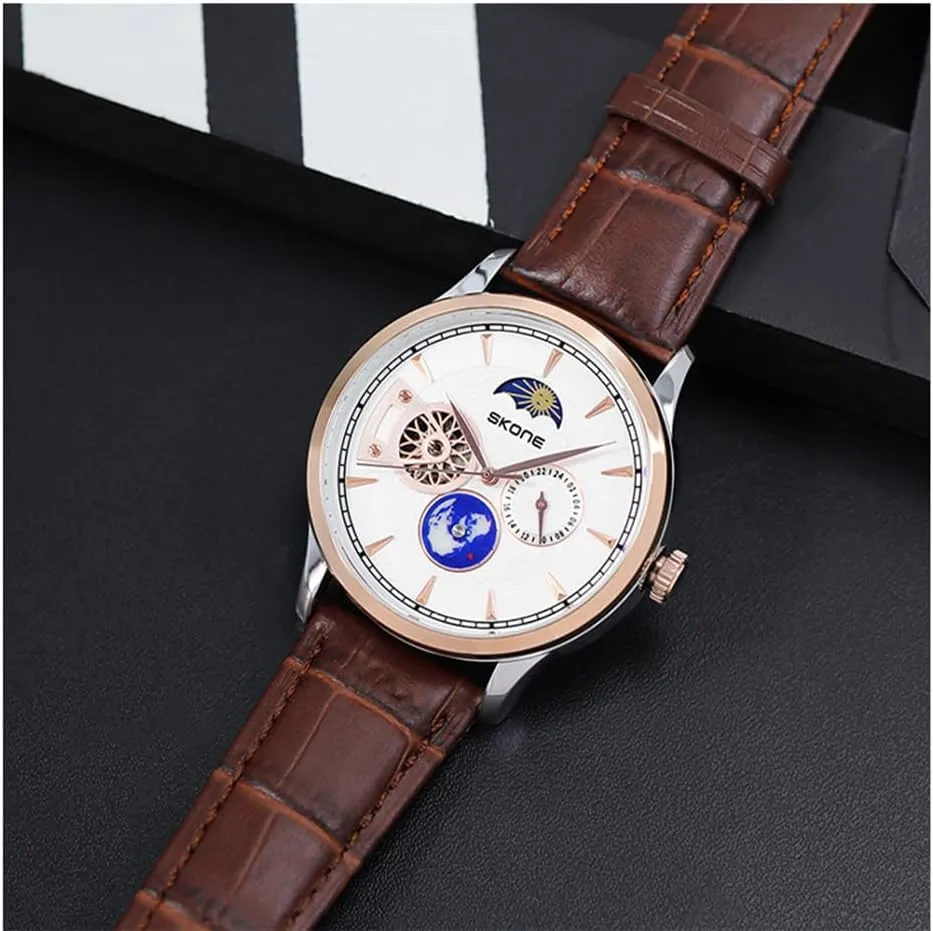 Moon Phase 24-Hour Small Second Hand Globe Display Leather Strap Sapphire Crystal Mirror Luxury Gifts bundle hare for Men Automatic Mechanical Watches for Men Hollow Flywheel Sun 