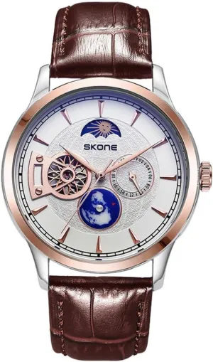 Moon Phase 24-Hour Small Second Hand Globe Display Leather Strap Sapphire Crystal Mirror Luxury Gifts bundle hare for Men Automatic Mechanical Watches for Men Hollow Flywheel Sun 