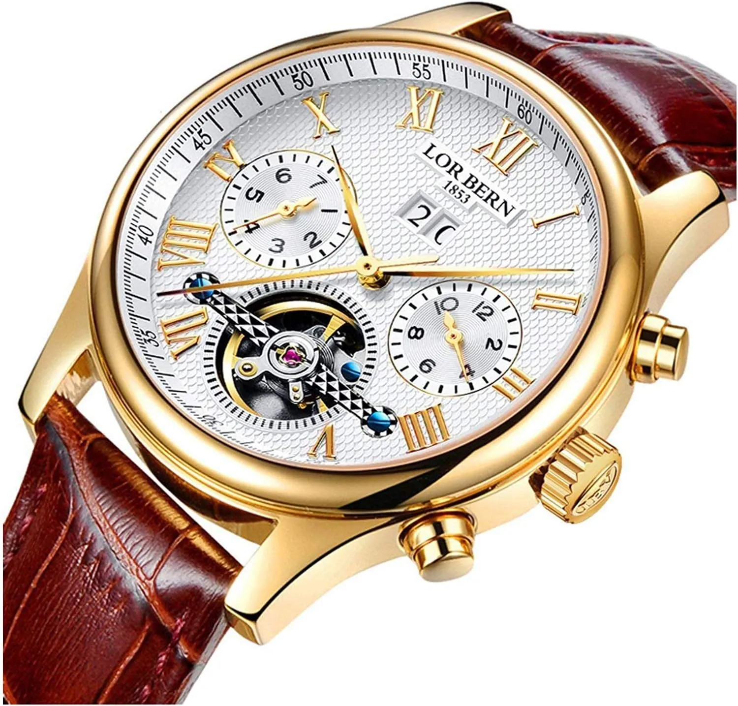 Moon Phase devoid alkali 24-Hour Indication Calfskin Leather Transparent Watches MASTOP Men's Automatic Mechanical Watch Date 