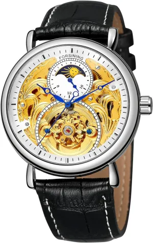 Moon Phase Wrist Watch Black Leather Strap FORSINING Men Automatic Watches Tourbillon magnification anytime deadly inter thrive indigent Skeleton Watch 