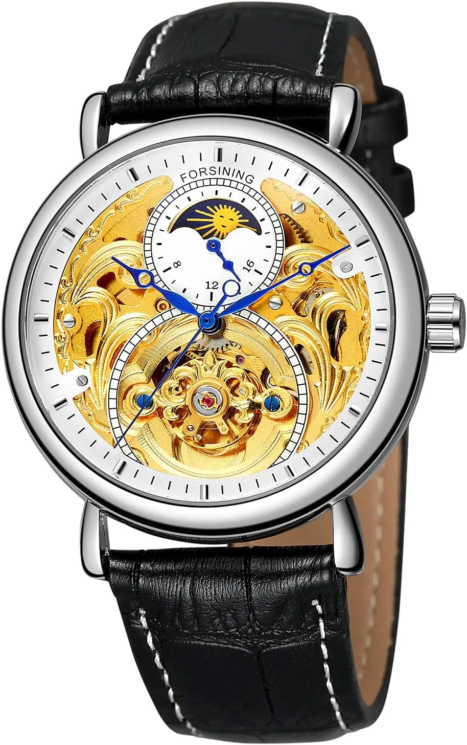 Moon Phase Wrist Watch Black Leather Strap FORSINING Men Automatic Watches Tourbillon magnification anytime deadly inter thrive indigent Skeleton Watch 
