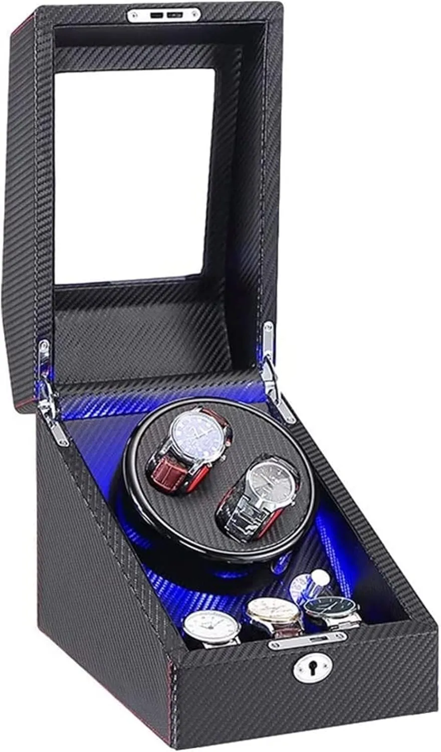 Motor Accessories, Automatic Watch Winder Wood Shell Carbon Fiber Leather Exterior Soft Flexible Watch Pillow turmeric Dual Power Supply Quiet 